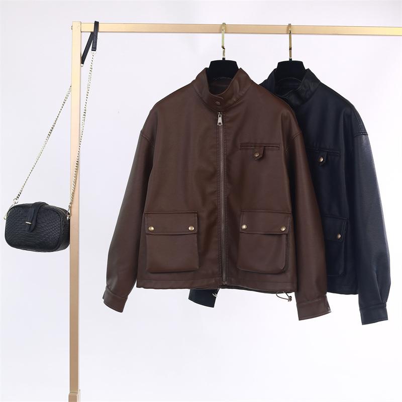Other Jackets Jumpers - レディース ライダースジャケット スタンドカラー PUレザー ワッシャー加工 バイカー風 ロングスリーブ ルーズフィット 秋冬 ブラック ダークブラウン 日韓カジュアル ストリートスタイル ジッパー ポケット 軽量 伸縮性 吸湿速乾 接触冷感 再生繊維