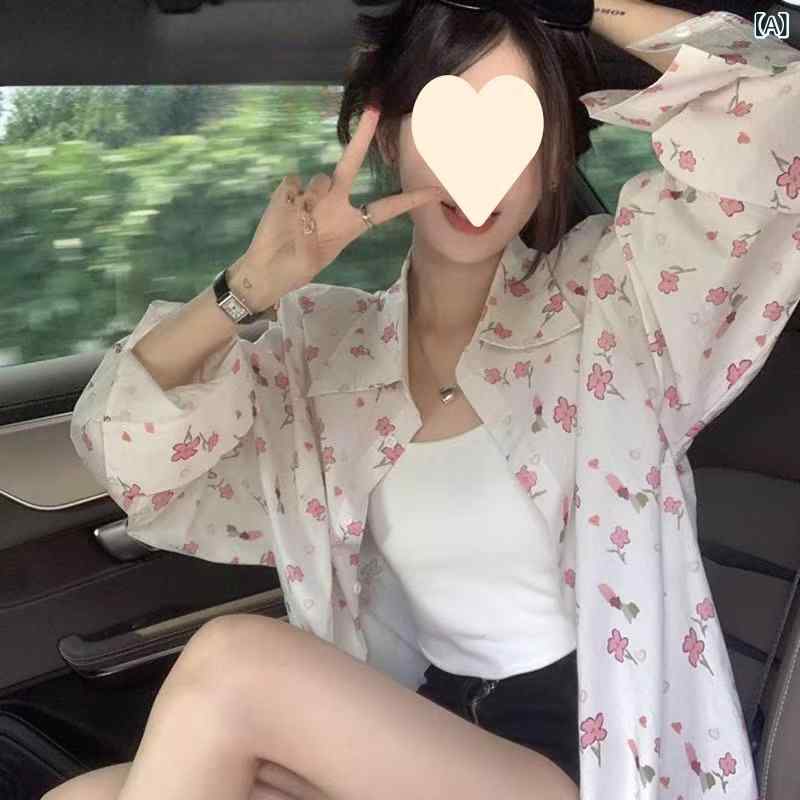 レディース シャツ 薄手 防紫外線 春夏 デザイン 個性 トップス 超長袖 シャツ領 シャツ袖 花柄 ポリエステル 混紡 気質 通勤 都市 快..