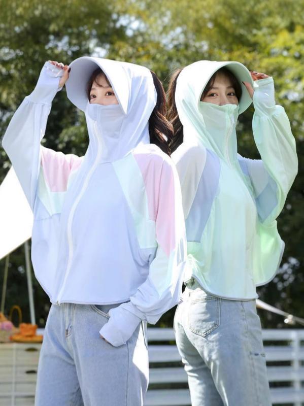 レディース 防晒服 立領 防晒衣 修身 接触冷感 黒膠 防紫外線 撞色 切り替え 外套 綿 聚酯繊維 超薄 透気 超長袖 拉链 春夏 黒 白 粉 ..