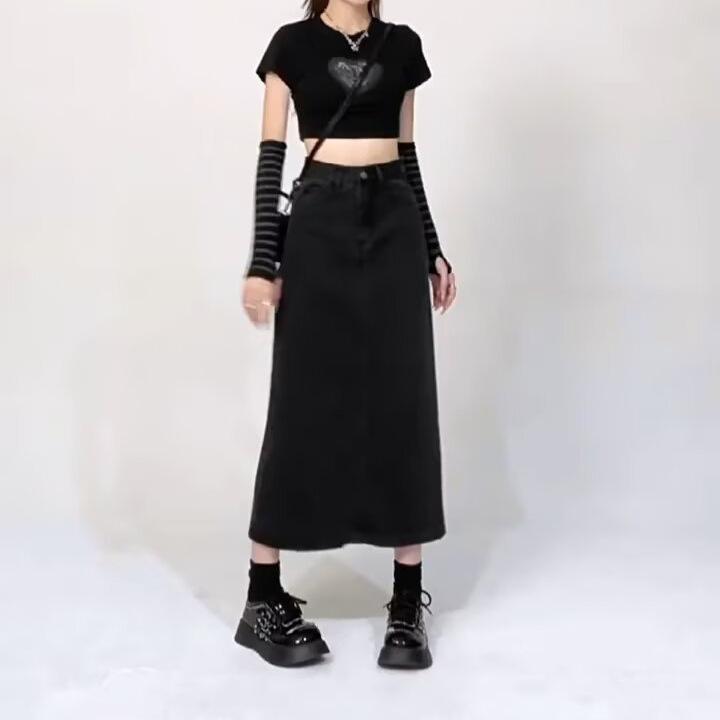 スカート レディース 半身 Aライン 中長丈 包み込み ハイウエスト 開き デザイン デニム コットン ポリエステル 混紡 生地 ポケット 付き 気質 通勤 スタイル デニムブルー ブラックグレー 春秋 オールシーズン 普段使い 軽量 無弾性 免アイロン