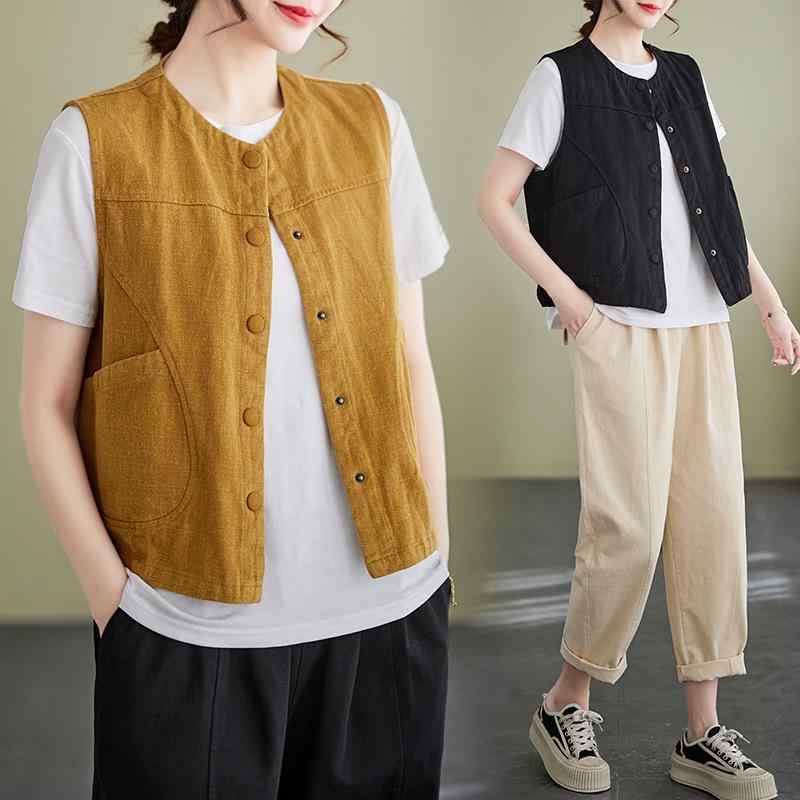 ベスト レディース 綿麻 春夏 ヴィンテージ風 スリム効果 無袖 ナチュラル シンプル カジュアル 通勤用 普段使い 上品 重ね着 おしゃれ 涼しい 軽量・カテゴリ: ベスト・着丈: 短め（40-50cm）・ネックライン: ラウンドネック・柄: 無地・流行の要素: ボタン・生地: 綿麻・主な素材: 綿・カラー: オフホワイト、ブラック、キャラメル・サイズ: M、L、XL、2XL・スタイル: レトロ・主な素材含有率: 50%～70%・対象年齢: 大人・性別: レディース・フィット感: レギュラー