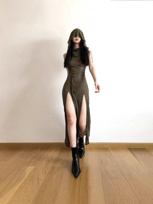 원피스 레이디스 봄 여름 블랙 밀리터리 그린 무소매 연모 고허리 개차 미들길이 느긋한 이지 스타일 순색 폴리에스테르 섹시 패션 베이스 스타일 싱글 피스 불규칙 스커트 셋업 없음 기질 우아한 어린풍 사복 명