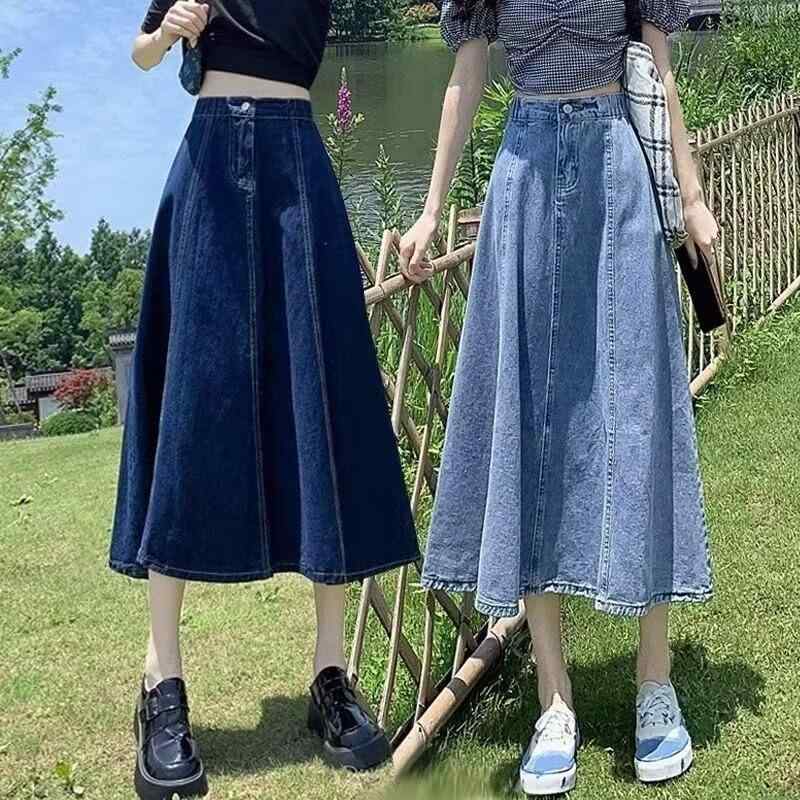 레이디스 스커트 하이 웨스트 데님 반신 중장 길이 플리츠 플레어 스커트 여름 얇은 백탑 전환 무늬 순색 코튼 牛仔布 深青 浅青 기질 통근 도시 스타일 甜美 청신