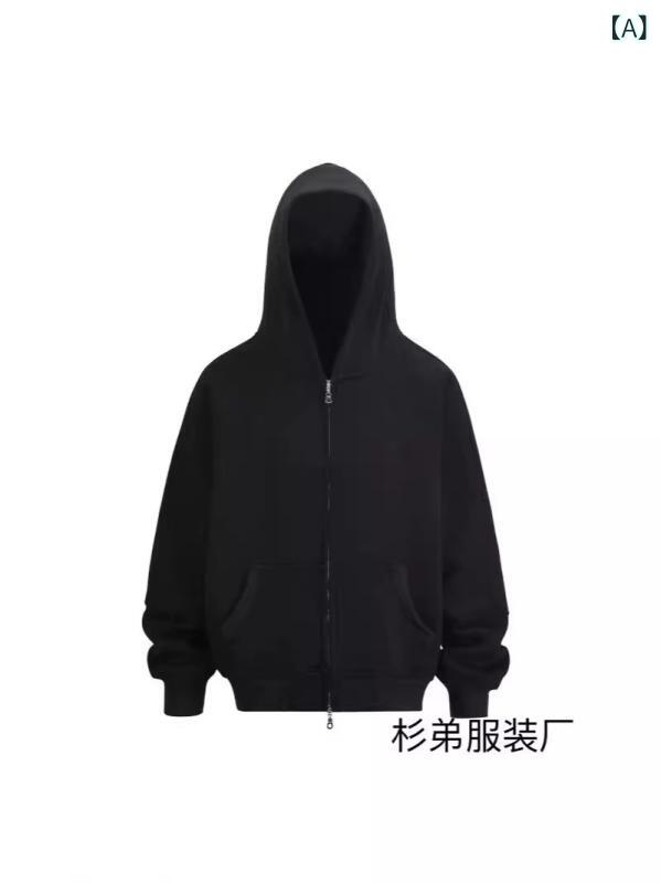 メンズ フーディ コットン 長袖 連帽 パーカー ルーズフィット ボクシー シルエット 純色 トップス ブラック グレー 秋冬 日常 ストリート ファッション 厚手 軽量 吸湿速乾 側ポケット ジップアップ カジュアル ユニセックス スウェットシャツ ベ