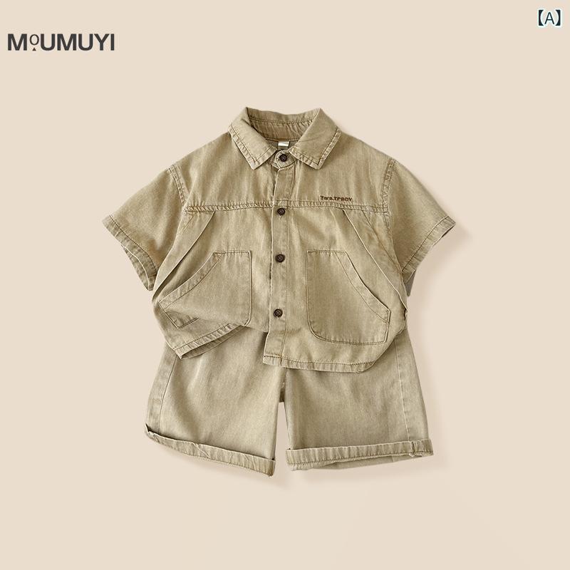 其它 - 男の子 キッズ 短袖 シャツ セット 夏服 コットン 100% 薄手 柔らかい 生地 純色 焦糖色 5分丈 ショートパンツ 2点セット 韓国風 スタイリッシュ 作業着風 カジュアル トップス ボトムス 切り替え デザイン 3〜8歳 90〜140cm 通学