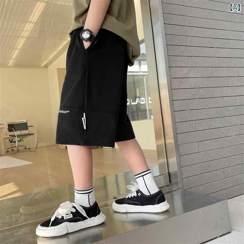 Long-Trousers, Trousers - キッズ 男の子 運動短パン 夏 綿100% 柔らかい素材 純色 黒 グレー 中腰 皮筋 吸湿速乾 軽量 通気性 普段使い スポーツ アクティブ 8歳以上 140cm以上 韓国風 ビッグシルエット 伸縮性