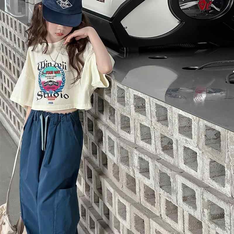 女児服 女の子 キッズ 夏用 韓風 休闲 セットアップ トップス 長ズボン 薄手 短袖 字母柄 杏色 ポリエステル 混合 伸縮性 吸湿速乾 軽量 通学用 普段使い 120cm～170cm 対応