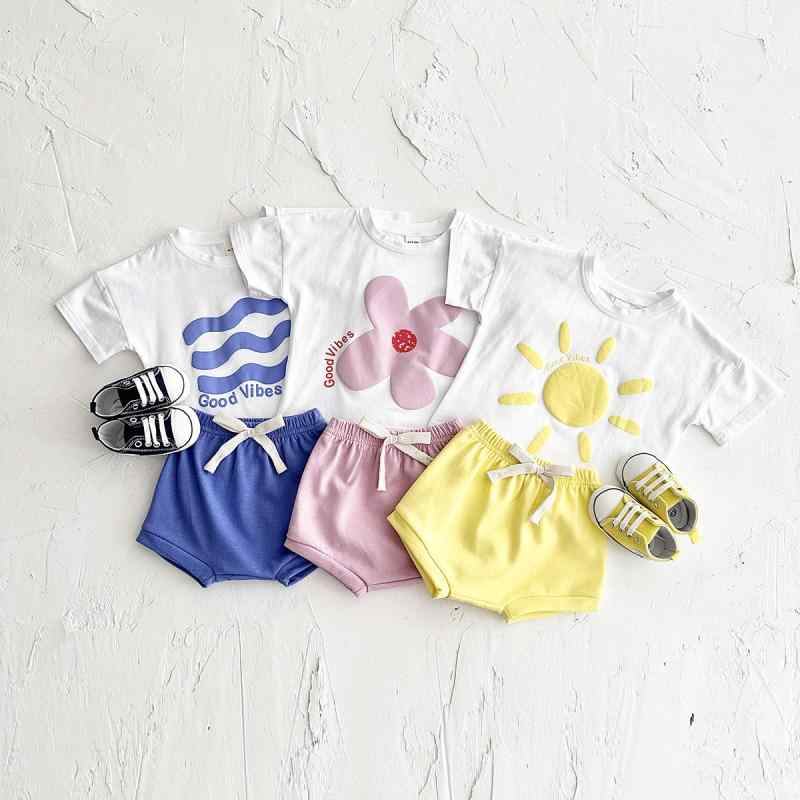 キッズ 男女兼用 夏季 短袖 Tシャツ 短パン セット 綿 素材 柔らかい 花柄 プリント かわいい 普段使い 軽量 吸湿速乾 ピンク ブルー イエロー ベビー 幼児 春夏 トップス ボトムス ユニセックス 子供服 コットン 100 セットアップ