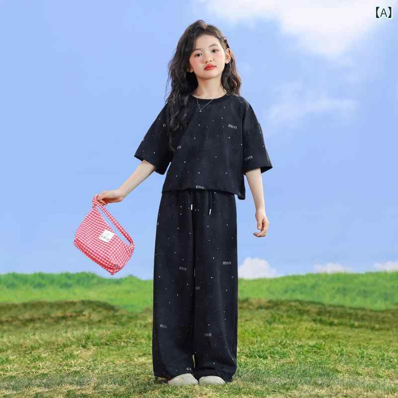 女児 夏用 短袖 トップス セット 子供 薄手 ワイドパンツ トップス 涼しい 伸縮性 ポリエステル 綿混 ブラック ピンク スポーツ風 印花 韓国スタイル 日常着 屋外遊び 通学 かわいい デザイン 軽量 吸湿速乾 長ズボン 8歳以上 大きめサイズ 女