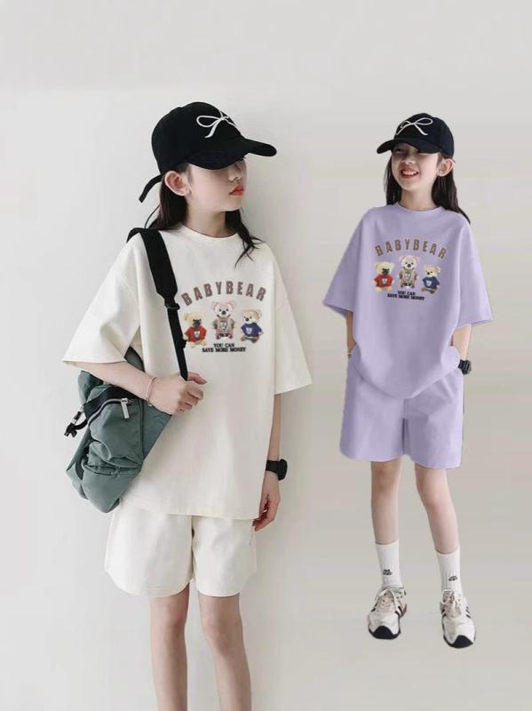 女の子 夏 子供 服 セット かわいい 3点 熊 柄 トップス 短パン ワンピース 3点セット 接触冷感 綿 混 ポリエステル 伸縮性 軽量 吸湿速乾 米色 紫 通年 通勤 普段使い 部屋着 アウトドア ビッグシルエット Vネック ハイウエスト アイボリ