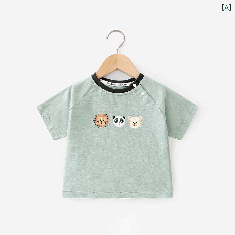 ・カテゴリ: 童Tシャツ・スタイル: カジュアル・主な素材: 綿100%・袖丈: 短袖・年齢: 1～3歳、3～8歳・柄: 卡通・ネックライン: クルーネック・機能: 抗菌・カラー展開: 淡緑、動物満印、緑白条紋、米白・サイズ展開: 80、90、100、110、120、130