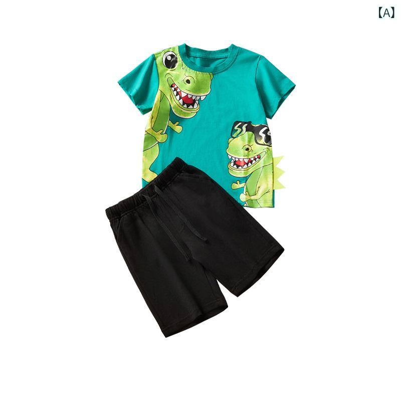 キッズ 男の子 夏 短袖 Tシャツ セット 綿 100パーセント 薄手 柔らかい 生地 動物 プリント カード 柄 かわいい デザイン 3～8歳 対応 90～140cm 身長 調整 可能 動きやすい 普段使い セットアップ トップス ショートパンツ 組み
