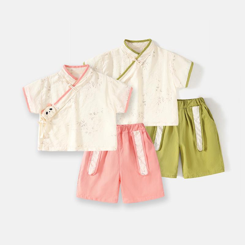 キッズ 漢服 セット 男の子 女の子 古風 夏 短袖 Tシャツ 短パン 中性 緑 ピンク 粘繊 綿混 軽量 通気性 吸湿速乾 3～8歳 100～140cm 普段使い 部屋着 竹葉柄 パンダ柄 かわいい デザイン 2点セット