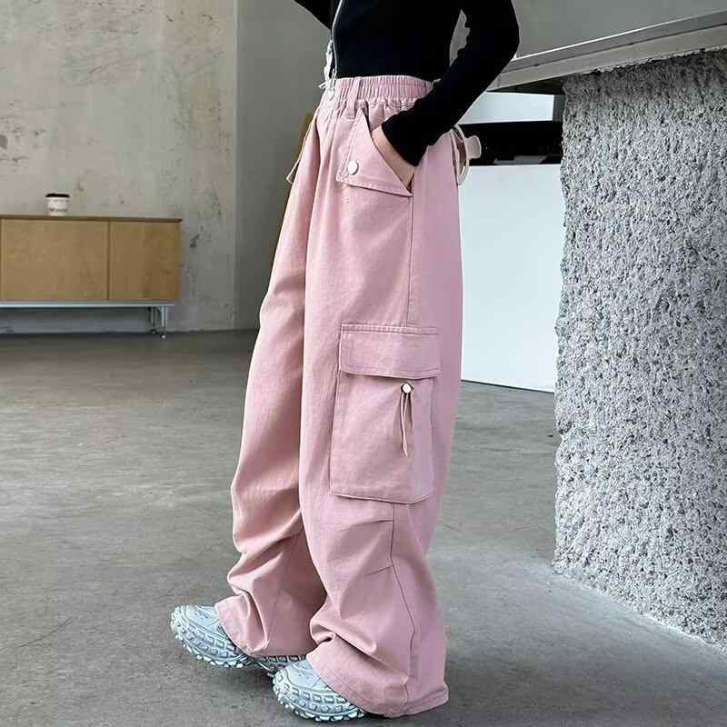 女の子 工装パンツ 秋冬 子供 女児 ストレートパンツ ワイドレッグパンツ ロングパンツ 高腰 伸縮性 柔らかい 綿混 ポリエステル ブラック 紫色 ピンク スポーツスタイル イギリス風 トレンド かわいい 普段使い 8歳以上 中大童