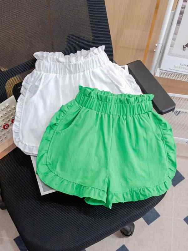 女の子 短パン 子供服 夏用 純棉 綿100% 白色 緑色 黄色 花苞 フレア 花辺 運動 潮ファッション 短丈 中腰 ゴムウエスト 3〜8歳 100〜140cm 安全 B級 現地撮影 実物写真 無モデル シワ加工 起毛加工 無地 ソリッドカラー 現貨