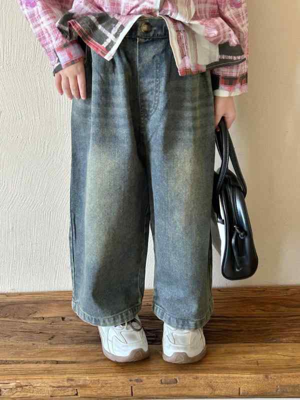 キッズ ユニセックス 男の子 女の子 牛仔パンツ デニム 長ズボン 直筒型 復古 洗い加工 柔軟素材 綿素材 90パーセント 秋 秋冬 中腰 ゴムウエスト 純色 深色 90センチ 100センチ 110センチ 120センチ 130センチ 140センチ 3歳