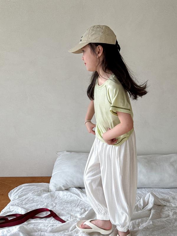 女の子 夏 子供服 セット 綿 素材 短袖 トップス 長ズボン 防蚊 薄手 柔らかい 接触冷感 軽量 伸縮性 吸湿速乾 浅緑色 ホワイト 3～8歳 100～140cm 通年 普段使い アウトドア スポーツ かわいい デザイン 潮風 スタイル