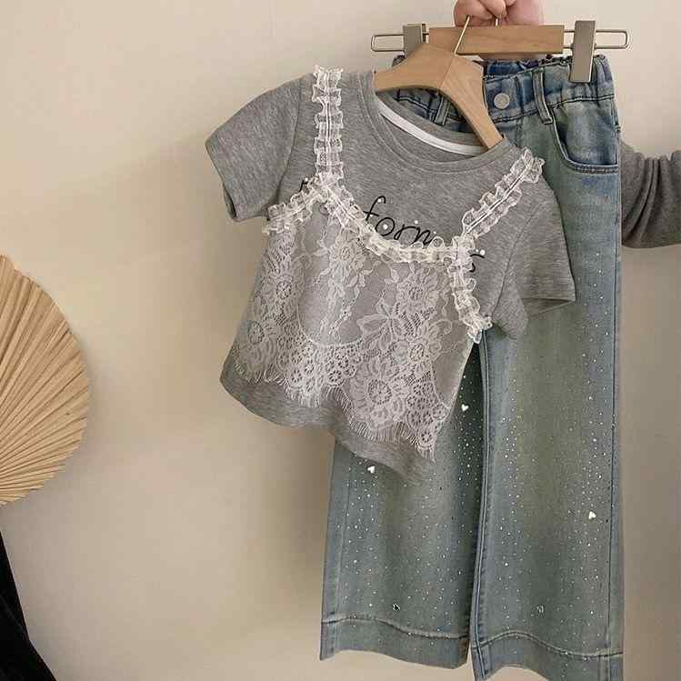 女児 春夏 セット アップ 接触冷感 レース デザイン 偽ツーピース 短袖 Tシャツ 綿 デニム 素材 柔らかい 薄手 直筒 ワイドレッグ ロングパンツ かわいい 普段使い 子供服 薄い生地 伸縮性 吸湿速乾 ライトカラー