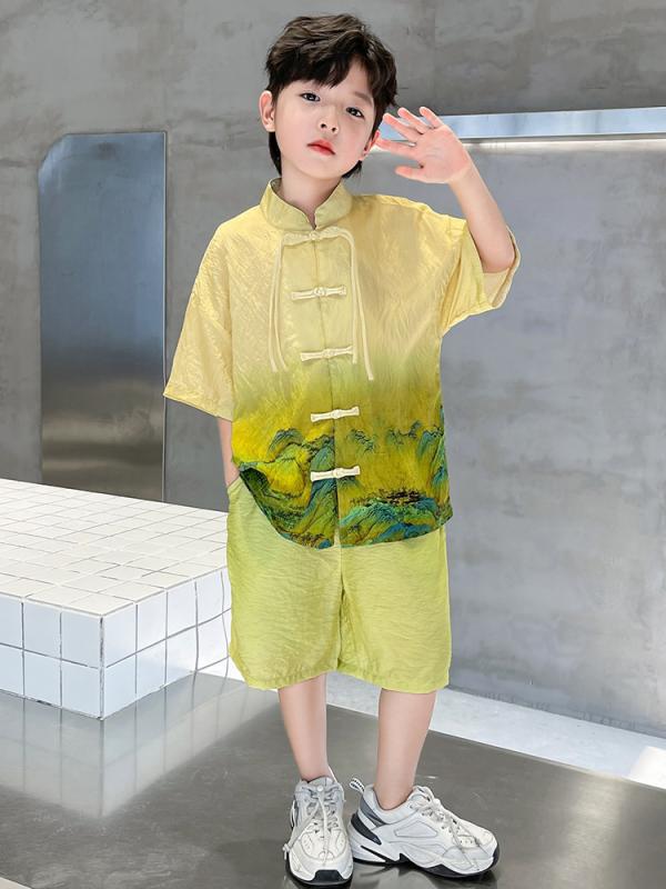 漢服 男児 夏服 セット 子供服 古風 チャイナスタイル 短袖 七分丈パンツ 薄手 涼しい 柔らかい ポリエステル混紡 涼感素材 唐風 スタンドカラー 単排ボタン 伝統柄 千里江山 仕女図 遠山黛 かわいい 男の子 夏用 普段使い 軽量 通気性 吸湿速乾