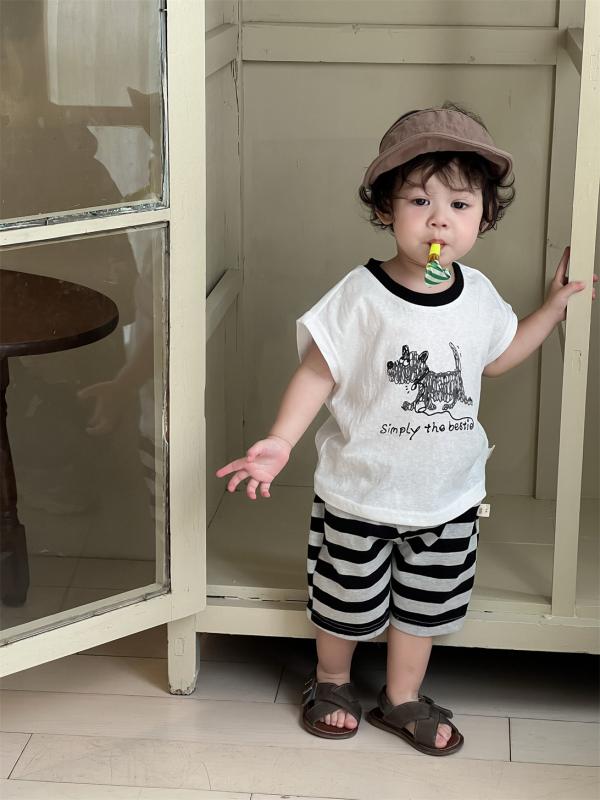 キッズ 男女兼用 夏用 薄手 コットン 短袖Tシャツ 短パン セット ストライプ 柄 カ...