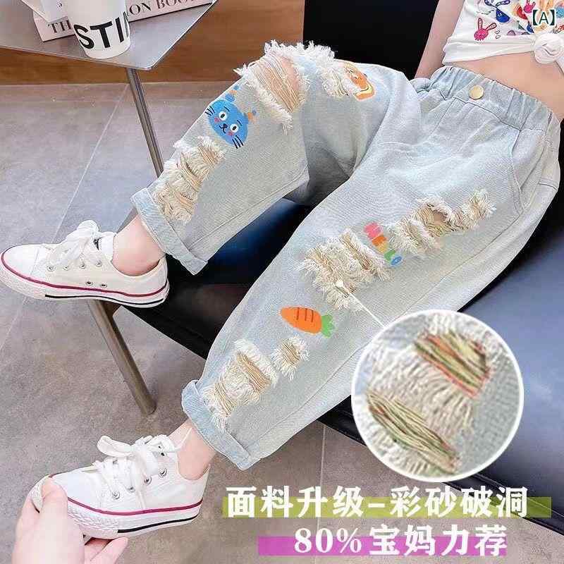 Accessories - 女児 牛仔パンツ 七分丈 破れ 夏用 薄手 綿 ミディアムウエスト カラフルプリント トレンド 子供服 軽量 通気性 伸縮性 ブルー系 アイボリー ブラック ビッグサイズ かわいい 普段使い