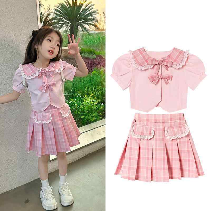 女の子 スカートセット 中大サイズ 夏 かわいい 韓流風 ドルマンスリーブ トップス プリーツスカート セットアップ 薄手 ポリエステル ピンク チェック柄 通気性 軽量 成長期 日常使い 学校用 110cm 120cm 130cm 140cm 150c
