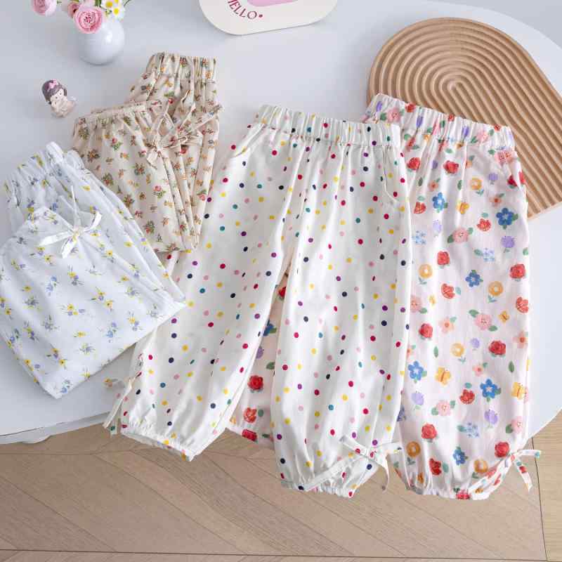 女児 夏季 防蚊パンツ 女の子 子供 韓版 ポルカドット プリント 虫除け 綿素材 柔らか 長ズボン 束脚 灯籠パンツ ルーズフィット ミッドライズ 杏色 ブルー カラフル プリント 花柄 ポルカドット 90cm 100cm 110cm 120cm 13