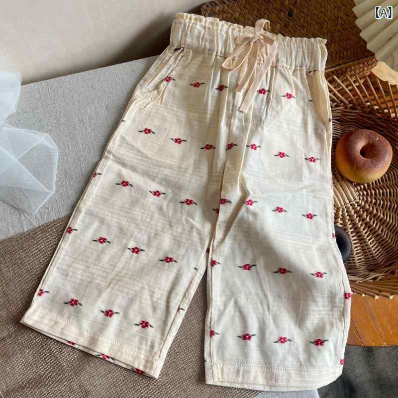 女児 キッズ レディース 夏 九分丈 防蚊パンツ 刺繍 フラワープリント 綿100% 柔らかい素材 ミドルウエスト ゴムウエスト 基本デザイン かわいい 百搭 気質 休闲 長ズボン 杏色 オレンジ 80-140cm 対応 A級安全 柔軟加工 花柄 実用