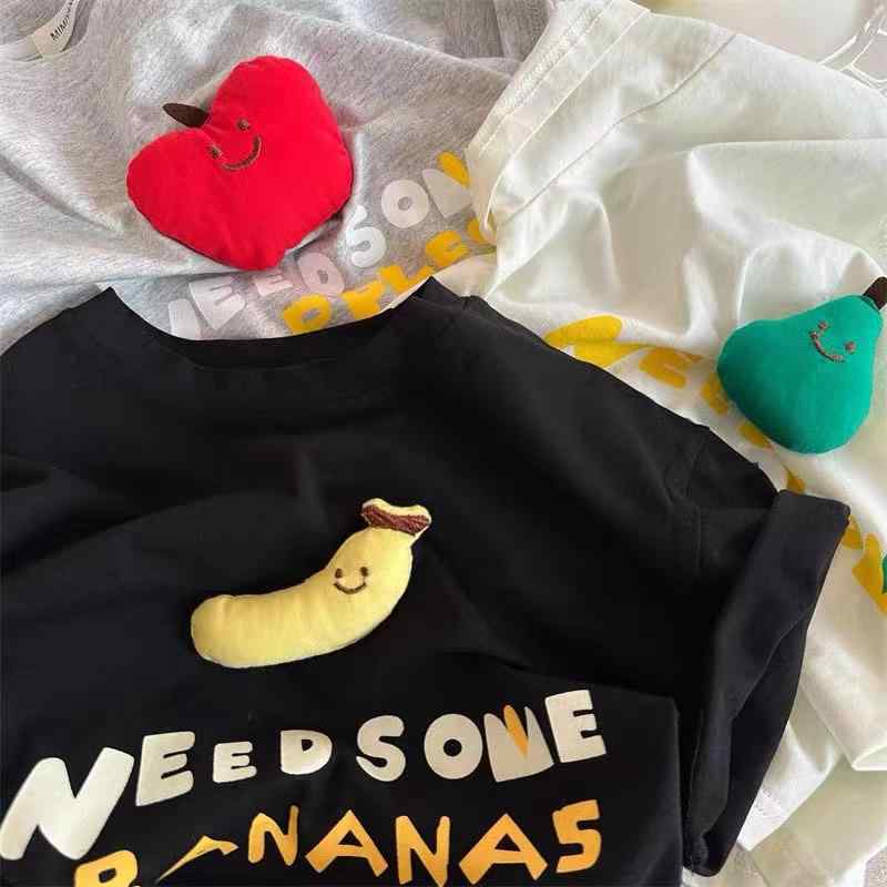 T-Shirts （Short Sleeve） - キッズ トップス 子供 男の子 女の子 純棉 短袖 Tシャツ 丸首 立体 カード プリント ステッカー ワイド ルーズ フィット 韓国風 カジュアル かわいい 夏服 吸湿速乾 綿100 子供服 通年 白色 ブラック グレー 3〜8歳 80〜150cm