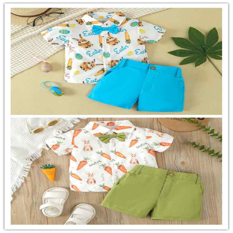 男児 キッズ ベビー 夏 セットアップ トップス シャツ 半袖 短パン 2点セット 綿 柔らかい 薄手 軽量 通気性 速乾 吸湿 コットン 100% グリーン 緑 カラフル プリント ウサギ 柄 かわいい カードゥ インファント 幼児 1-3歳 日常使い