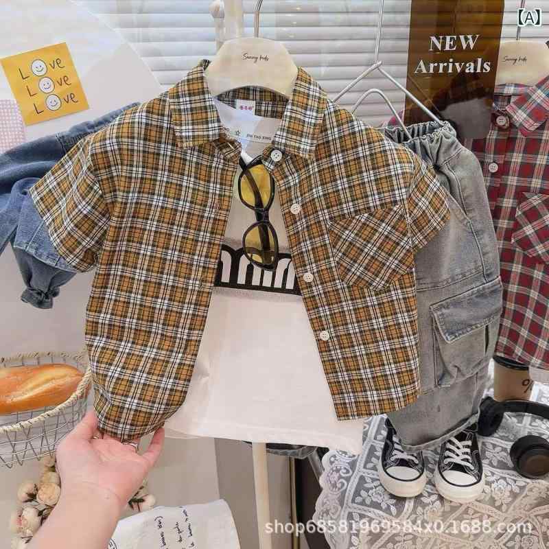 Blouses, Shirts - キッズ 短袖 格子柄 シャツ トップス 綿素材 柔らかい ユニセックス 男の子 女の子 3〜8歳 黄色 ブラック 赤系 春 秋 普段使い カジュアル スタイル 軽やか 着心地 良い 田園風 トレンド