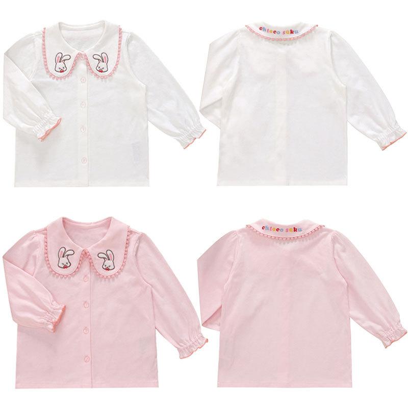 キッズ 女の子 長袖 コットン シャツ トップス かわいい ウサギ刺繍 花辺 襟 日式 スタイル 動物 柄 卡通 プリント アルファベット 柄 綿素材 吸湿性 柔らかい 肌触り 動きやすい 普段使い 春夏秋 対応 ホワイト ピンク系 3-8歳 中小児 サ