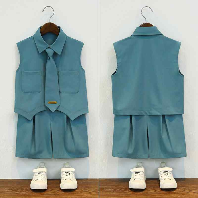 Blouses, Shirts - キッズ 男の子 夏 無袖 シャツ 短パン セット 豆緑色 3点 涼しい 薄手 ポリエステル 混紡 柔らかい 生地 シングルボタン 3〜8歳 100〜140cm 通気性 吸湿 速乾 軽量 普段使い カジュアル スタイル ステージ 衣装 花の子 服 誕生日
