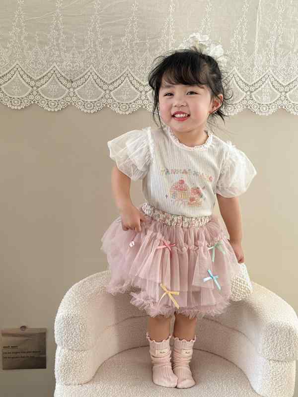 女児 女の子 子供 ベビー 春夏 短袖 トップス プリンセススカート セット 甘め かわいい プリンセス チュール トレンド 綿 再生繊維 柔らか 薄手 プルオーバー 無地 カードゥ バブルスリーブ カラフル リボン スカート 1〜3歳 80〜100cm