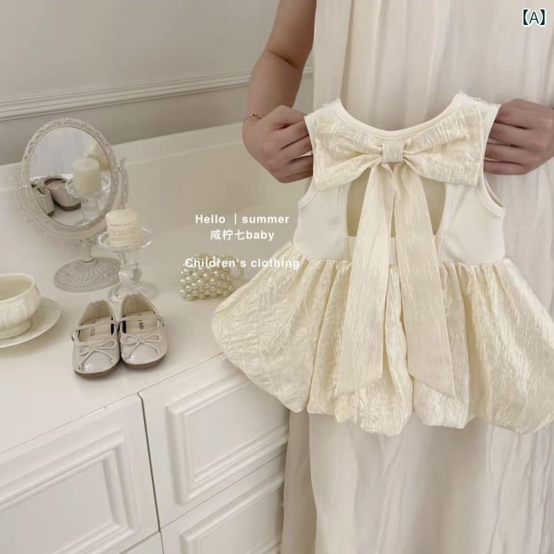 女児 ワンピース 子供 女の子 夏 春夏 無袖 Aライン 背心 花辺 蝶結び コットン 混紡 柔らか素材 かわいい プリンセス スタイル 3-8歳 通年 普段使い 軽量 吸湿速乾 ピュアカラー トレンド 洋気 個性 潮 韓国風 礼服 ベビー 幼児 女児服