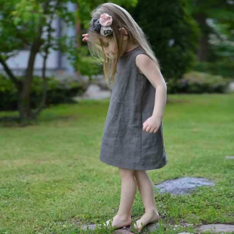 女児用 ワンピース 子供服 春夏 接触冷感 麻 綿 無袖 丸首 Aライン かわいい 軽量 伸縮性 吸湿速乾 純色 ブルー グレー アイボリー 3～8歳 通年 普段使い 部屋着 アウトドア 柔らかい素材 カジュアルスタイル 女の子 ベビー キッズ