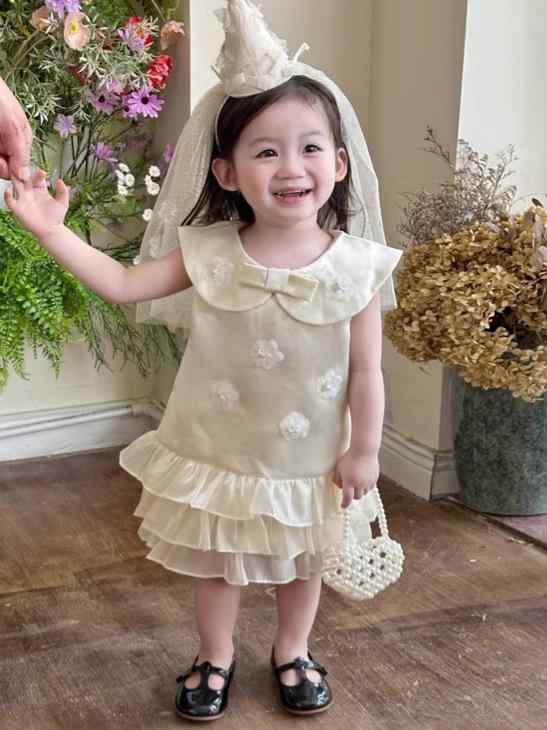 女児 ワンピース 女の子 子供服 夏 春夏 公主風 連衣裙 背心スカート 綿 ポリエステル 柔軟 接触冷感 軽量 伸縮性 吸湿速乾 純色 杏色 かわいい 洋気 ビッグシルエット Aライン 普段使い 誕生日 礼服 3～8歳 100～140cm