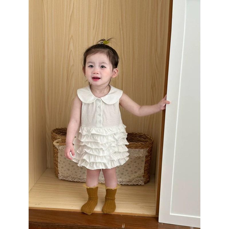 女児 ワンピース 春夏 綿100% ベビー 男女兼用 かわいい プリンセス スカート 洋気 デザイン フリル 襟 背中 開き 軽量 吸湿 速乾 柔らかい 肌触り 杏色 ピンク 系 アイボリー 春 向け 日常 遊び着 荷葉辺 スカート 裾 1-3歳 80-