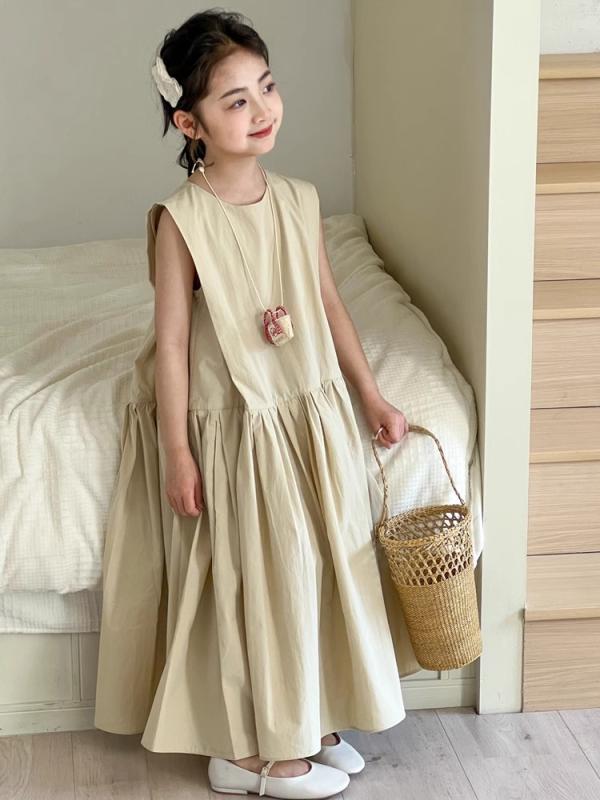 女児 ワンピース ドレス 夏用 無袖 背心型 プリンセス スカート 綿100 柔らかい 素材 軽量 吸湿速乾 かわいい デザイン 純色 イエロー ピンク 春夏 キッズ 女の子 8歳以上 通学 普段使い 遊び着 ビッグシルエット 伸縮性 接触冷感 アイボリ