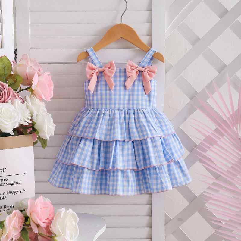 女児 ワンピース 女の子用 吊り下げ式 プリンセスドレス 甘い かわいい 蝶結び 薄手 通気性 格子柄 Aライン スカート ポリエステル 100% 夏用 春夏 ベビー 女児服 軽量 涼しい ピンク ブルー