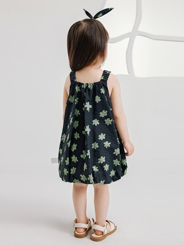 女児 吊り帯 ワンピース スカート 女の子 子供服 綿 100% 接触冷感 通気性 吸湿速乾 軽量 夏 春夏 花柄 プリンセス デザイン Aライン フレア スカート かわいい 韓風 カジュアル 普段使い 100-140cm 牛油果緑 グリーン ピスタチオ