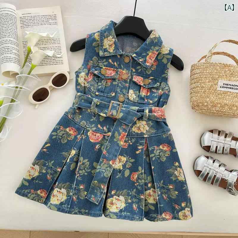 女児 ワンピース 女の子 子供服 コットン デニム 吊り紐 背心 無袖 花柄 プリント 夏 春夏 プリンセス カジュアル 日常使い 軽量 伸縮..