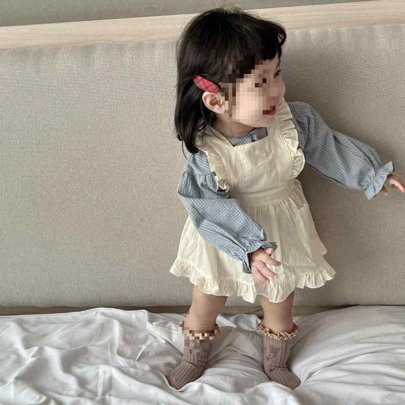 Jumpers - ベビー 女の子 長袖 包みパンツ セット 吊り帯スカート 綿素材 格子柄 花辺 ラウンドネック Aライン 柔らかい 暖かみ 冬用 通年 66cm 73cm 80cm 90cm