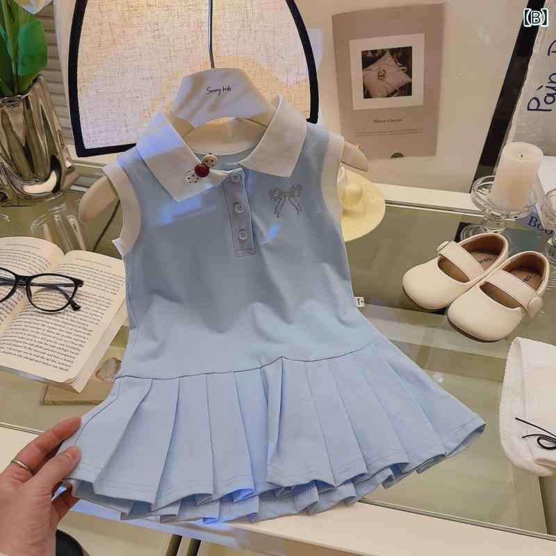 女児 ワンピース キッズ 女の子 無袖 プリンセス デザイン 百褶スカート ポロカラ...