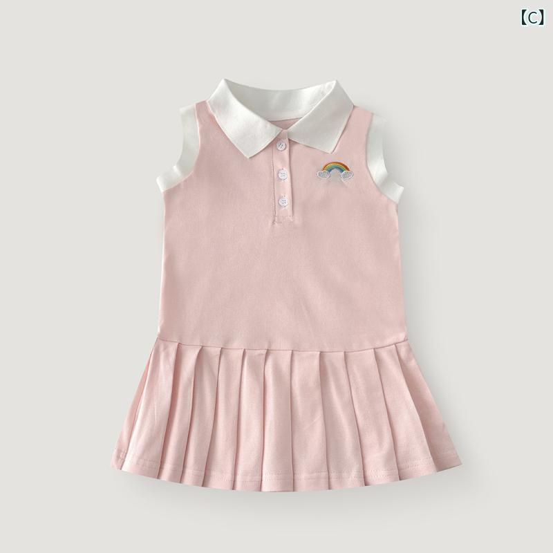 女児 ワンピース キッズ 女の子 無袖 プリンセス デザイン 百褶スカート ポロカラ...