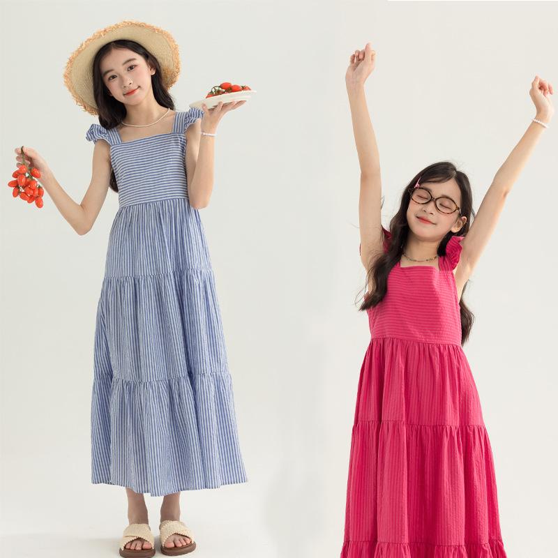 Jumpers - 女児 ワンピース 子供服 女の子用 春夏 夏 吊り帯スカート 背心スカート ノースリーブ 長丈 ロングドレス ビーチスカート ストライプ柄 フレアスカート プリーツ加工 コットン素材 綿75% 軽量 涼しい 吸湿速乾 かわいい 遊び着 休日服 130cm