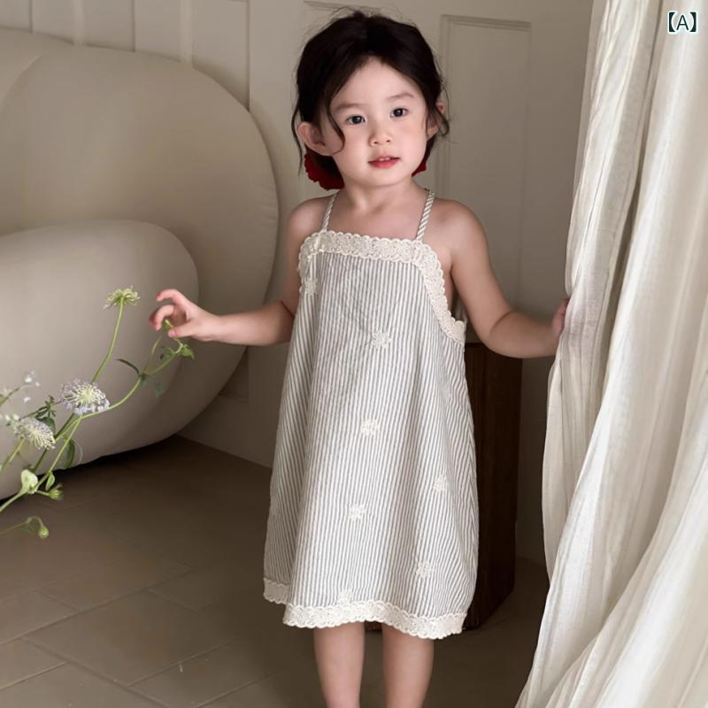 女の子 吊り帯ワンピース 子供服 夏用 綿素材 柔らかい生地 条紋柄 刺繍花柄 レー...