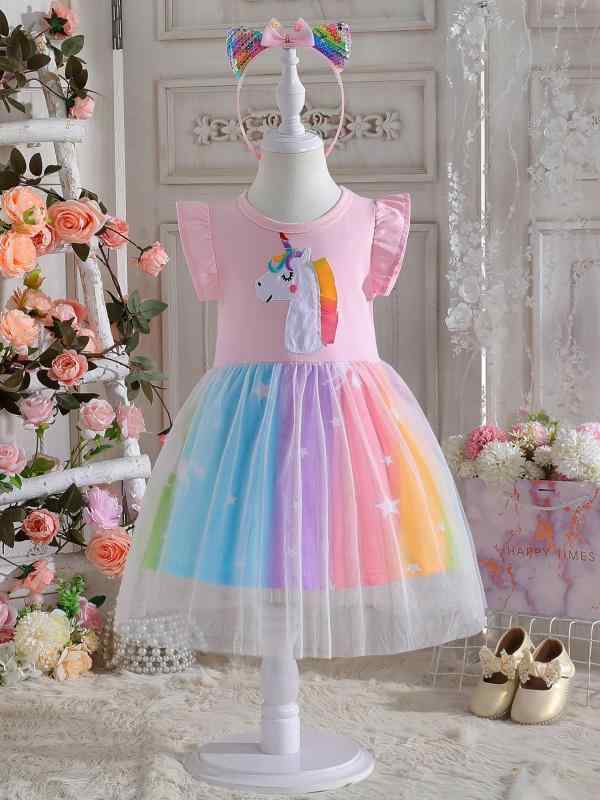 女児 ワンピース 夏 キッズ 女の子 背心 プリンセスドレス かわいい ピンク 雪纺素材 接触冷感 軽量 伸縮性 吸湿速乾 短袖 網纱 カラフル レインボー プリント ソフト 柔らかい プリーツ スカート フレア シルエット 日常使い 公園遊び 夏祭り