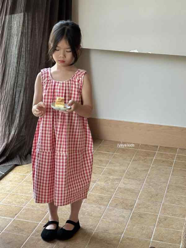 Jumpers - 女児 ワンピース 女の子 夏用 無袖 格子柄 背心 スカート 綿素材 柔らかい 接触冷感 ピンク系 かわいい 韓風 日系 気質 潮范 切り替え スカート 3〜8歳 中小童 100〜140cm 通気性 軽量 普段使い