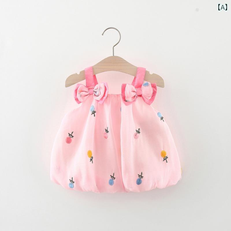 シャドーテールの女児 ワンピース 吊り帯 プリンセススカート 蝶結び 刺繍 花柄 コットン 綿素材 ピンク ホワイト 夏用 かわいい 軽量 肌触り良い 通気性 女の子 キッズ 子供服 1-3歳 80-110cm｜アングル2